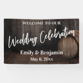 Wedding Celebration Typografie Rustic Wood Barrel Spandoek (Horizontaal)