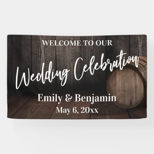 Wedding Celebration Typografie Rustic Wood Barrel Spandoek (Horizontaal)