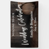 Wedding Celebration Typografie Rustic Wood Barrel Spandoek (Verticaal)