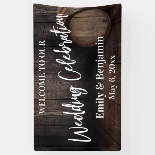 Wedding Celebration Typografie Rustic Wood Barrel Spandoek (Verticaal)