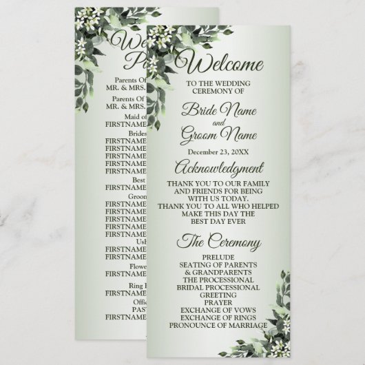 Wedding Ceremony Floral Greenery Eucalyptus Leaves Programmakaart (Voorkant / Achterkant)