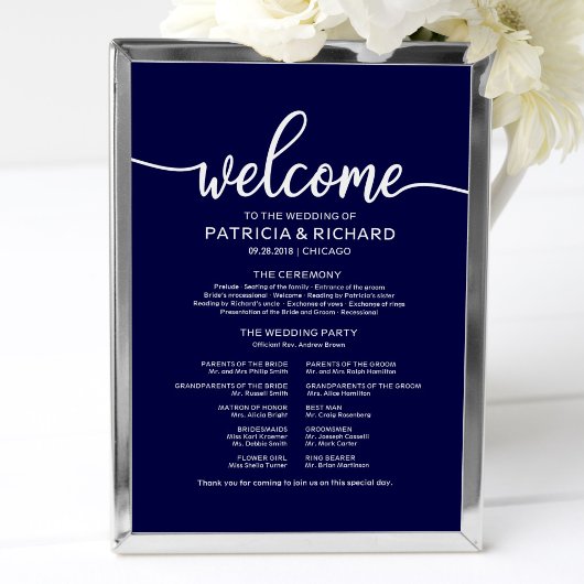 Wedding Ceremony Program Board Chic Navy Blue Poster