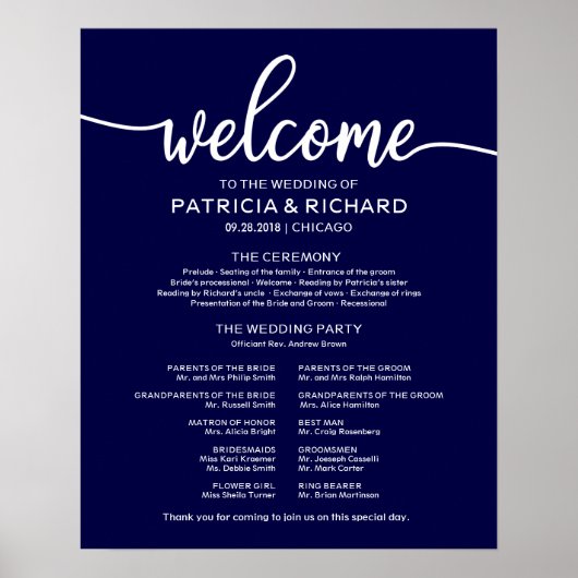 Wedding Ceremony Program Board Chic Navy Blue Poster (Voorkant)
