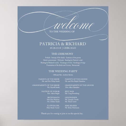 Wedding Ceremony Program Board Dusty Blue Poster (Voorkant)