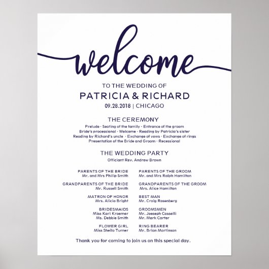 Wedding Ceremony Program Chic Navy Blue Poster (Voorkant)