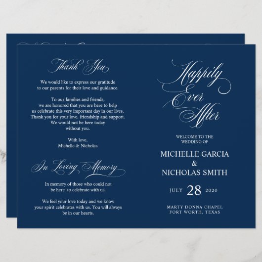 Wedding Ceremony Program Classic Elegance Navy (Voorkant / Achterkant)