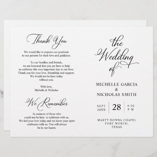 Wedding Ceremony Program, Classy Black en White (Voorkant / Achterkant)