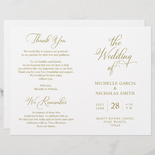 Wedding Ceremony Program Classy Elegant Gold (Voorkant / Achterkant)