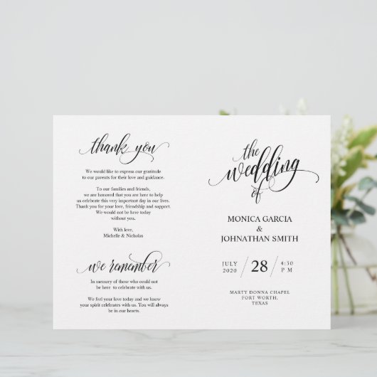 Wedding Ceremony Program, Elegance Script Black (Staand voorkant)