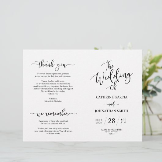 Wedding Ceremony Program, Elegant Script Black (Staand voorkant)