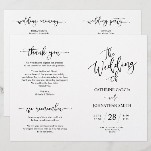 Wedding Ceremony Program, Elegant Script Black (Voorkant / Achterkant)