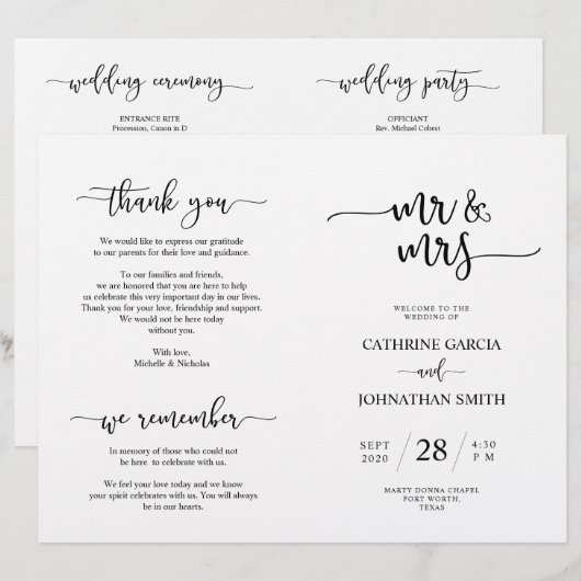 Wedding Ceremony Program, Elegant Script Black (Voorkant / Achterkant)