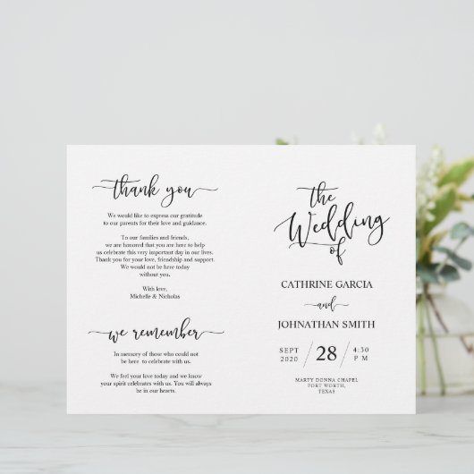 Wedding Ceremony Program, Elegant Script Black (Staand voorkant)