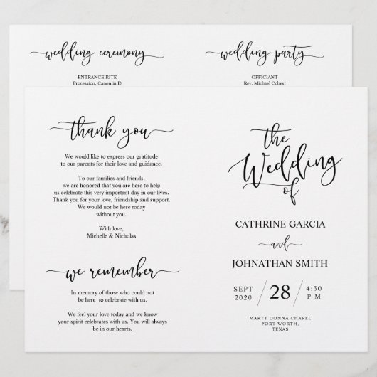 Wedding Ceremony Program, Elegant Script Black (Voorkant / Achterkant)