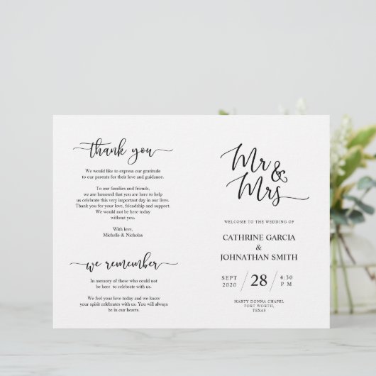 Wedding Ceremony Program, Elegant Script Black (Staand voorkant)