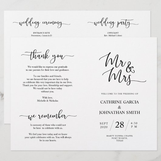Wedding Ceremony Program, Elegant Script Black (Voorkant / Achterkant)