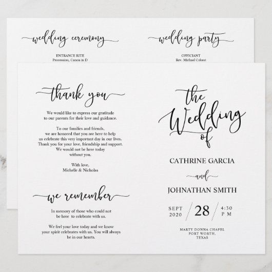 Wedding Ceremony Program, Elegant Script Black (Voorkant / Achterkant)
