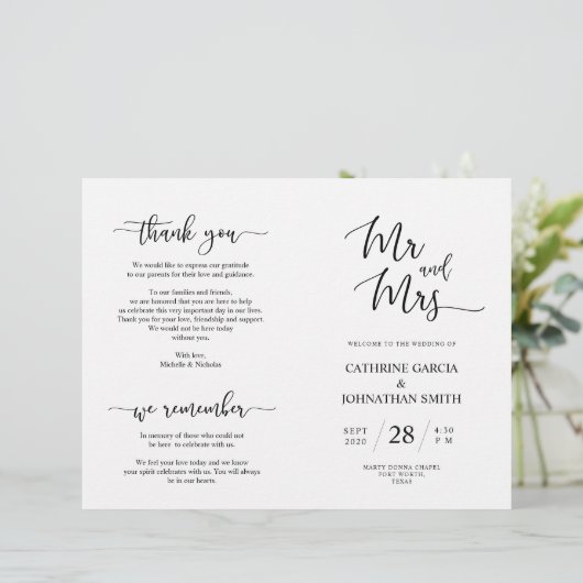 Wedding Ceremony Program, Elegant Script Black (Staand voorkant)