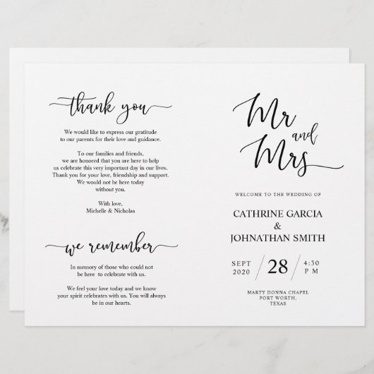 Wedding Ceremony Program, Elegant Script Black (Voorkant / Achterkant)