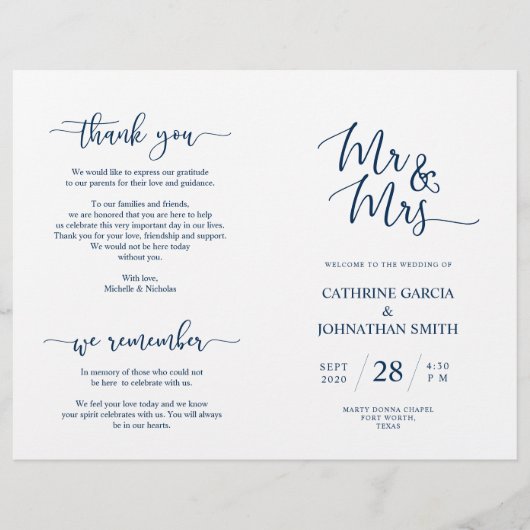 Wedding Ceremony Program, Elegant Script Blue Navy (Voorkant)