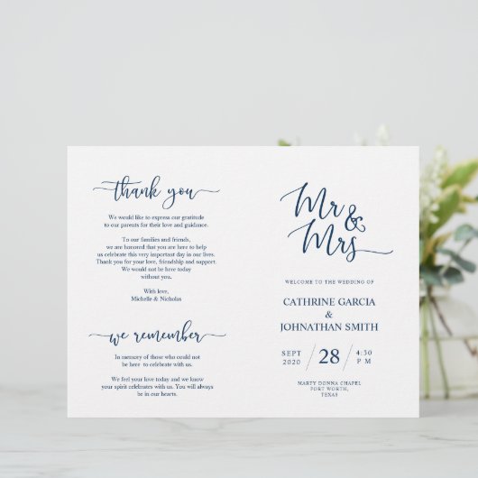 Wedding Ceremony Program, Elegant Script Blue Navy (Staand voorkant)