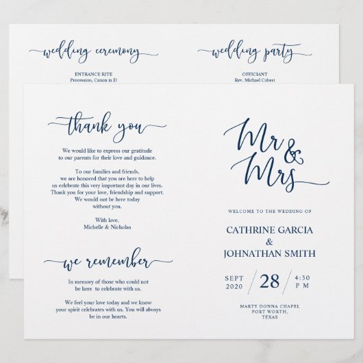 Wedding Ceremony Program, Elegant Script Blue Navy (Voorkant / Achterkant)