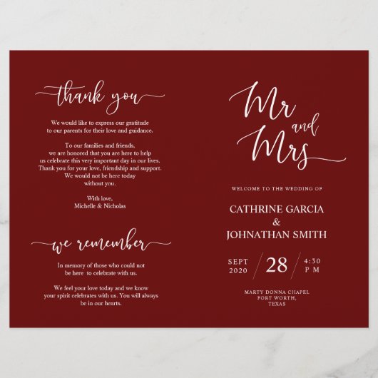 Wedding Ceremony Program, Elegant Script Burgundy (Voorkant)