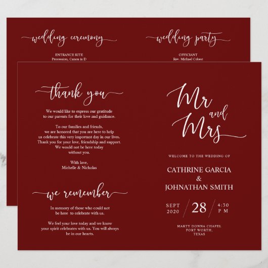 Wedding Ceremony Program, Elegant Script Burgundy (Voorkant / Achterkant)