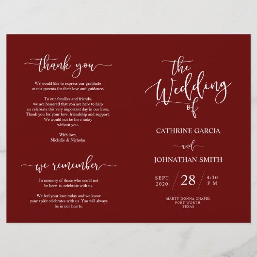Wedding Ceremony Program, Elegant Script Burgundy (Voorkant)