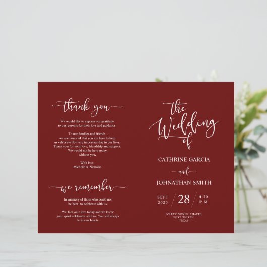 Wedding Ceremony Program, Elegant Script Burgundy (Staand voorkant)