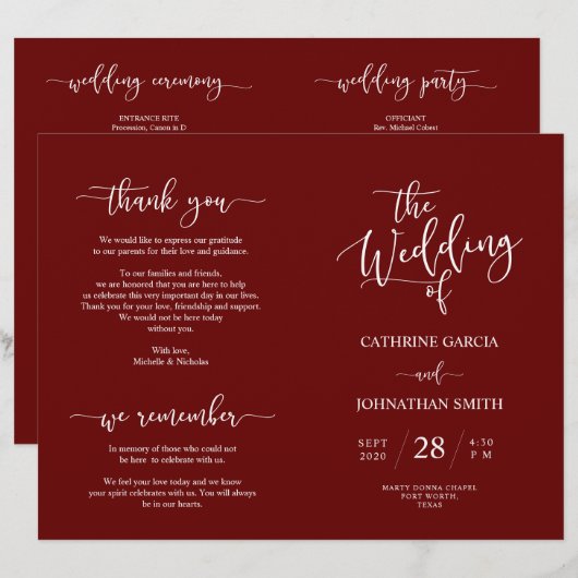 Wedding Ceremony Program, Elegant Script Burgundy (Voorkant / Achterkant)