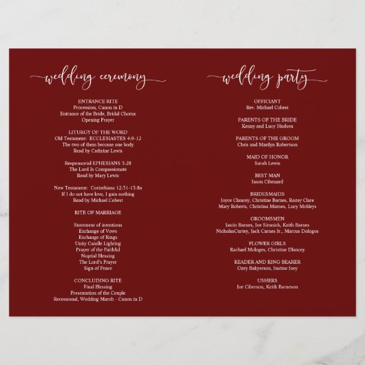 Wedding Ceremony Program, Elegant Script Burgundy (Achterkant)