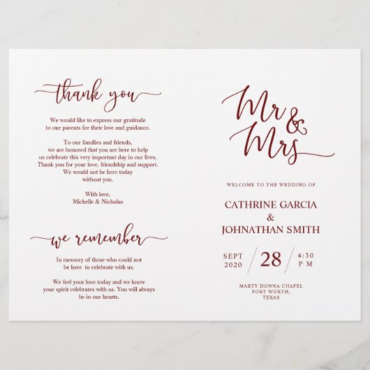 Wedding Ceremony Program, Elegant Script Burgundy (Voorkant)