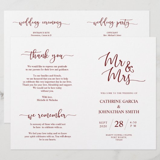 Wedding Ceremony Program, Elegant Script Burgundy (Voorkant / Achterkant)