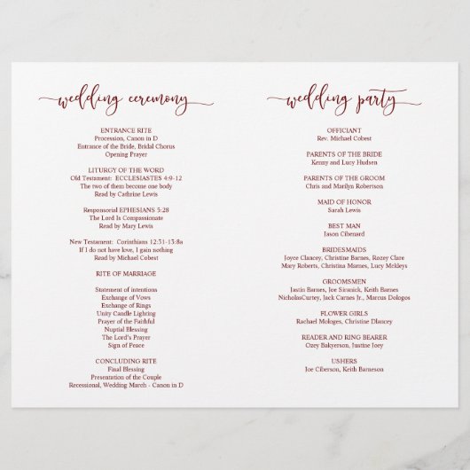 Wedding Ceremony Program, Elegant Script Burgundy (Achterkant)