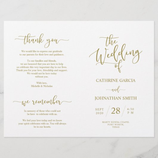 Wedding Ceremony Program, Elegant Script Gold (Voorkant)