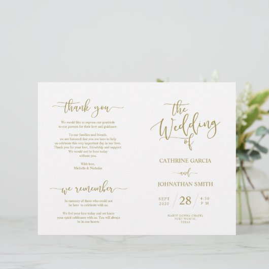 Wedding Ceremony Program, Elegant Script Gold (Staand voorkant)