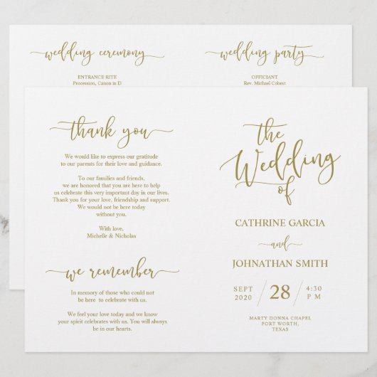 Wedding Ceremony Program, Elegant Script Gold (Voorkant / Achterkant)