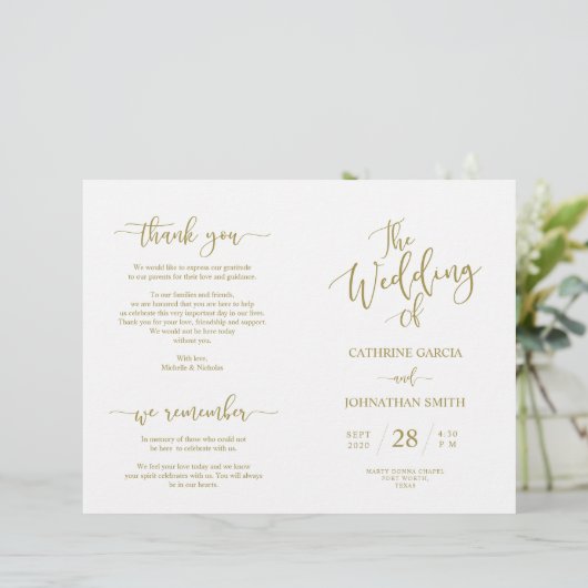 Wedding Ceremony Program, Elegant Script Gold (Staand voorkant)