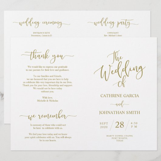 Wedding Ceremony Program, Elegant Script Gold (Voorkant / Achterkant)