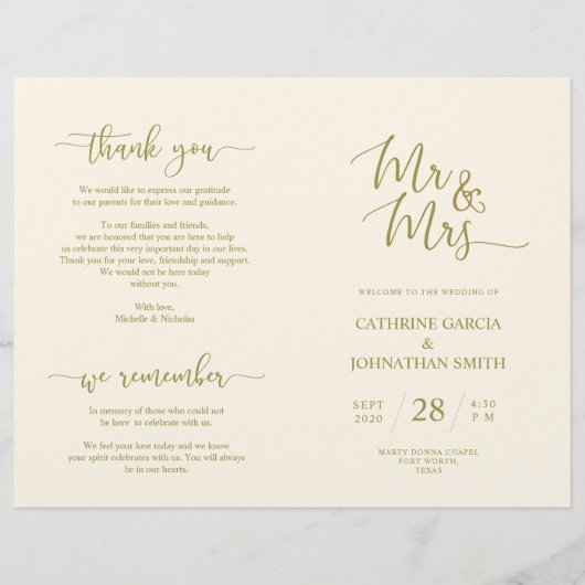 Wedding Ceremony Program, Elegant Script Gold (Voorkant)
