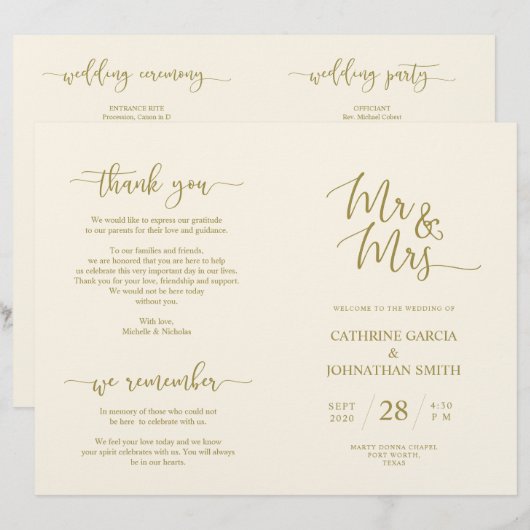 Wedding Ceremony Program, Elegant Script Gold (Voorkant / Achterkant)