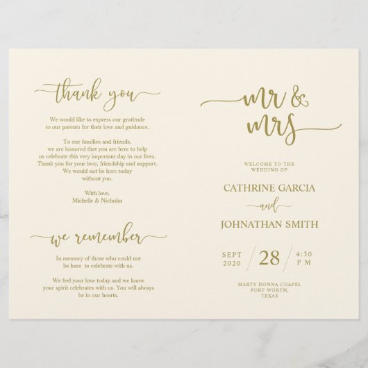 Wedding Ceremony Program, Elegant Script Gold (Voorkant)