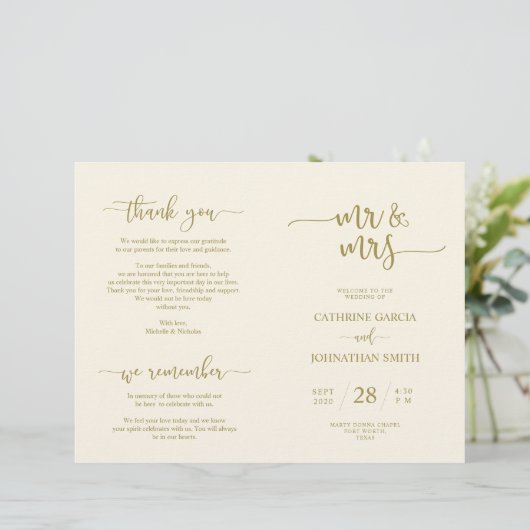 Wedding Ceremony Program, Elegant Script Gold (Staand voorkant)