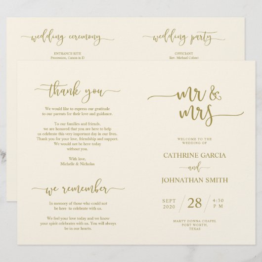 Wedding Ceremony Program, Elegant Script Gold (Voorkant / Achterkant)