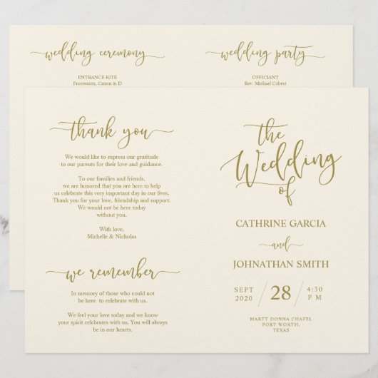 Wedding Ceremony Program, Elegant Script Gold (Voorkant / Achterkant)