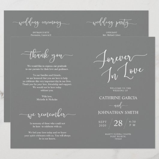 Wedding Ceremony Program, Elegant Script Grey (Voorkant / Achterkant)