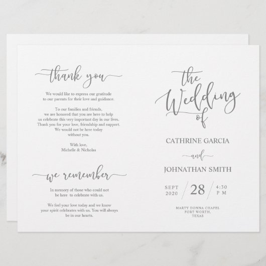Wedding Ceremony Program, Elegant Script Grey (Voorkant / Achterkant)