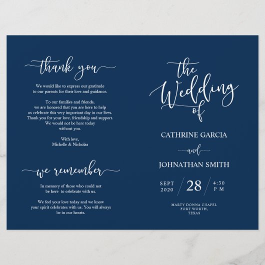 Wedding Ceremony Program, Elegant Script Navy Blue (Voorkant)