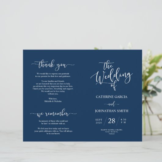 Wedding Ceremony Program, Elegant Script Navy Blue (Staand voorkant)